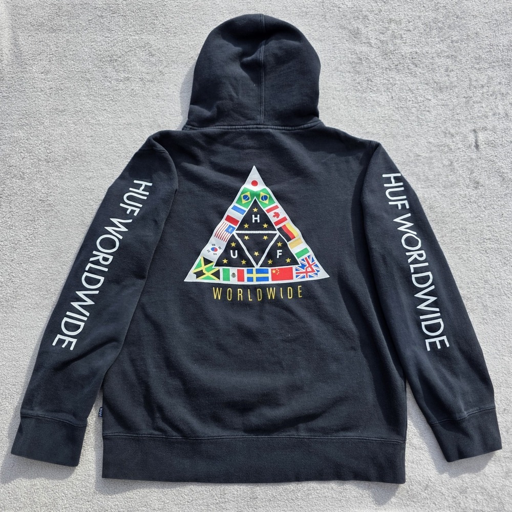 Huf Worlwide Hoodie Mens Medium Embroidered Triangle Flags Skateboard Sweatshirt